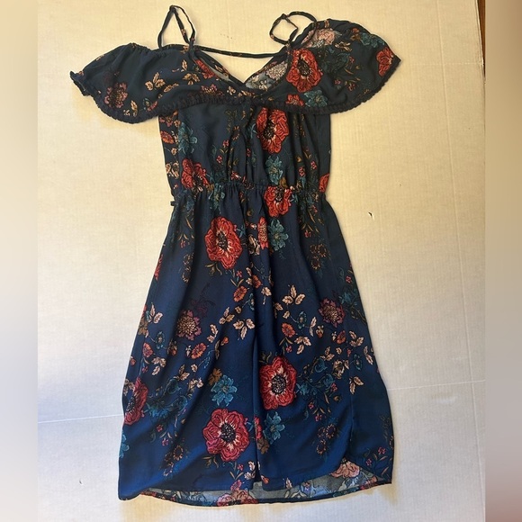 Xhilaration Blue Floral Mini Dress Casual off shoulder sundress Sz-S. W19 - Picture 5 of 9